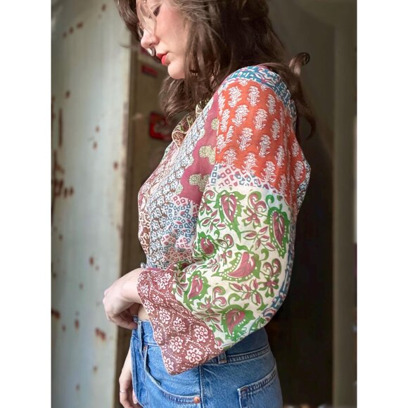 Vintage 70s Boho Patchwork Crop Top | Cotton Sheer Smocked Waist Blouse | Bell S - Picture 4 of 6